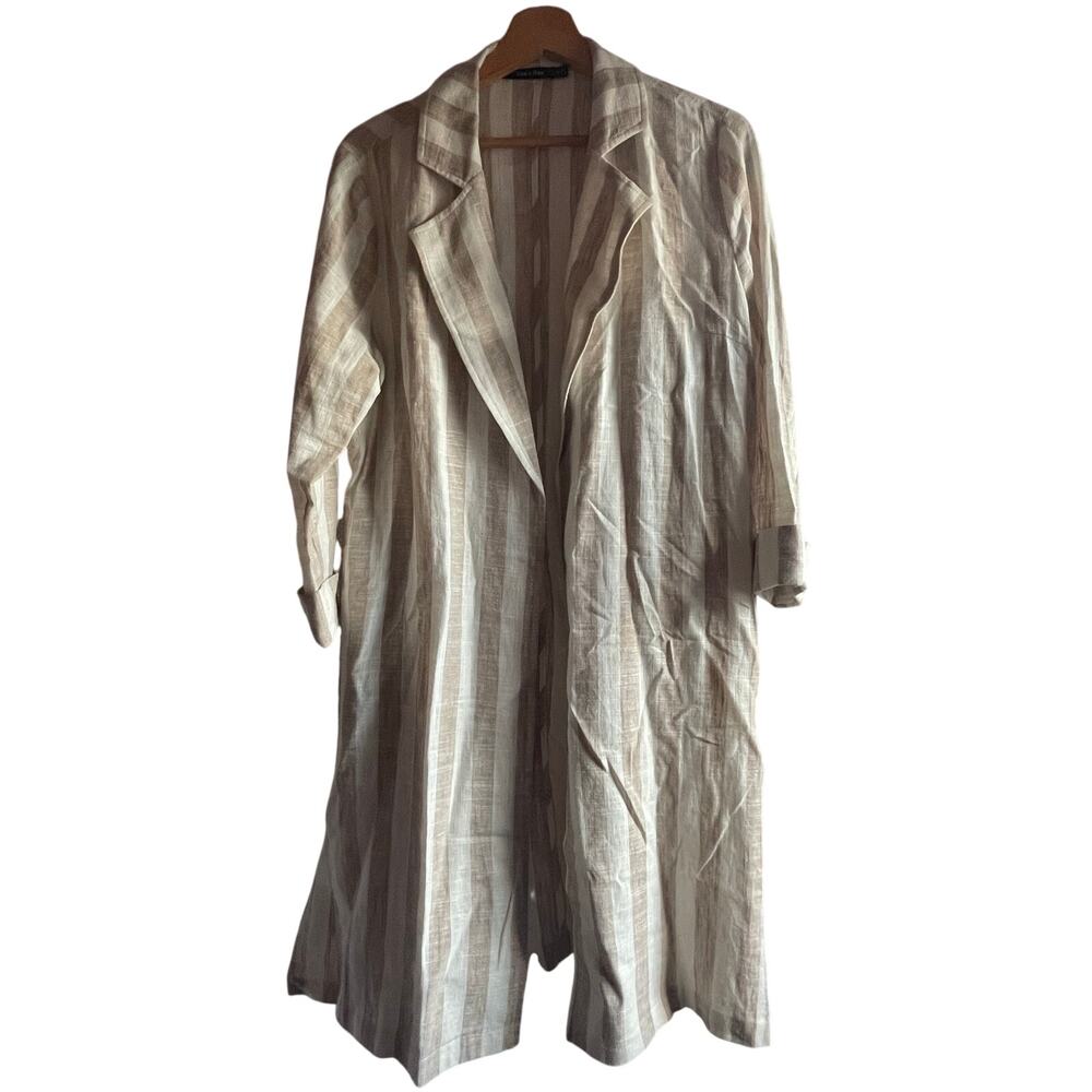 Flax Linen Stripe Open Oversized Cardigan Duster Jacket Beige White Size SMALL